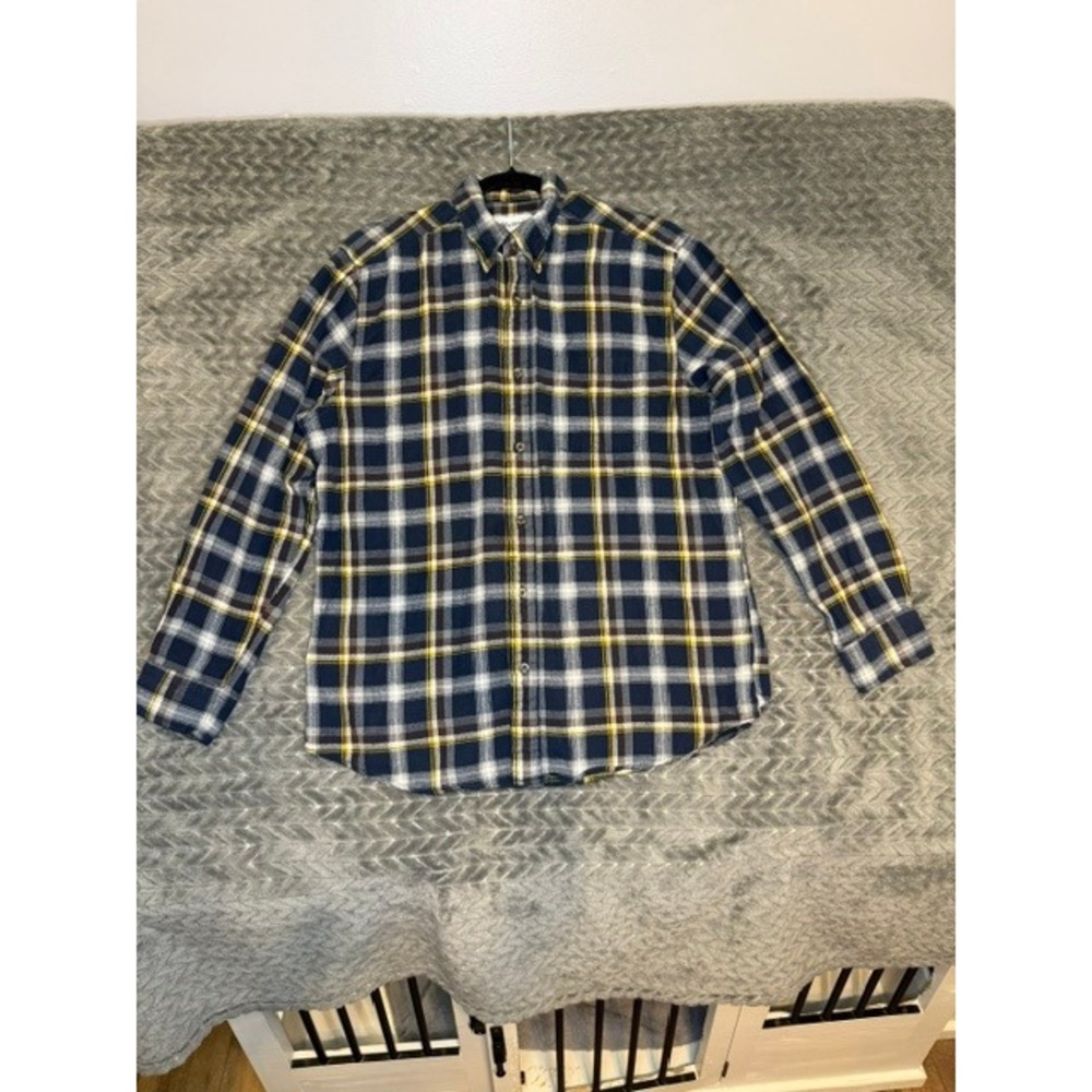 Saddlebred Mens Navy Blue Yellow Plaid  Shirt Classic Fit Large L Button Up 0040